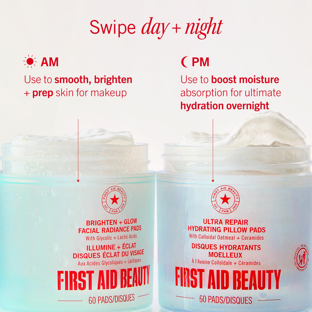 Vanity scene with pad tub next to serum and moisturizer showing First Aid Beauty pads fit daily routines