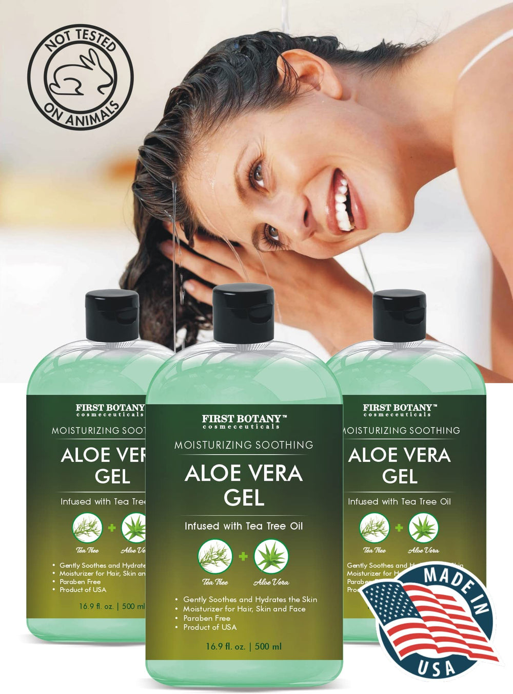 First Botany product label and ingredients list highlighting natural aloe and tea tree oil benefits
