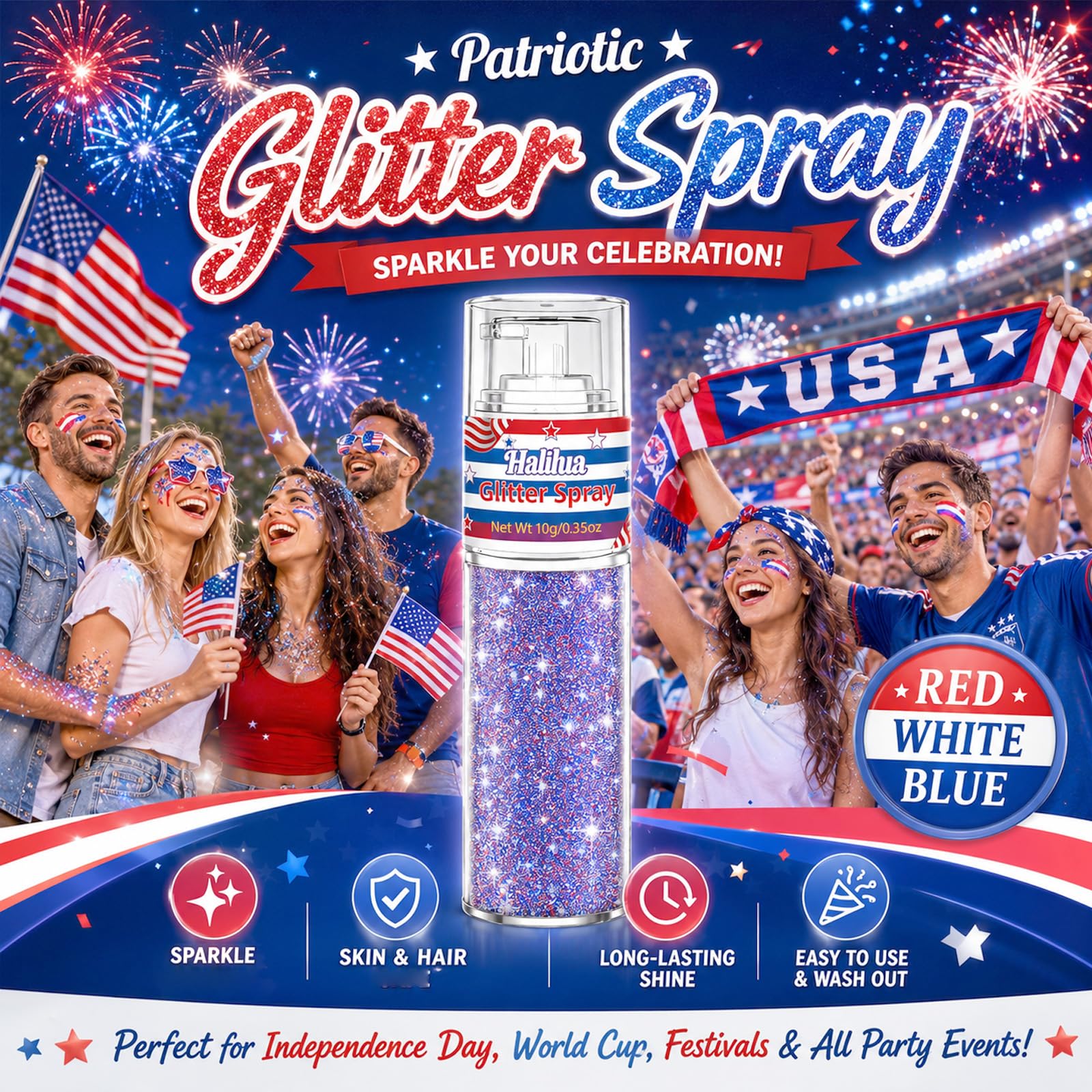 firstfly shimmer on arm and shoulder for standout Fourth of July sparkle