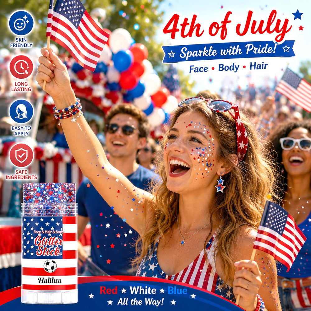 firstfly model wearing face glitter for patriotic makeup and festive look