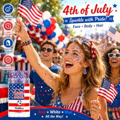 firstfly model wearing face glitter for patriotic makeup and festive look