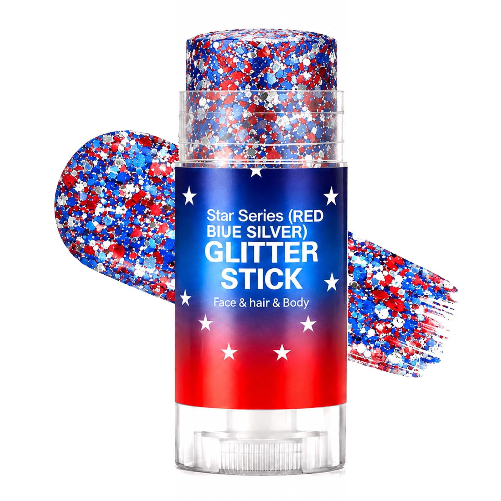 firstfly glitter stick front view showing patriotic packaging and convenience