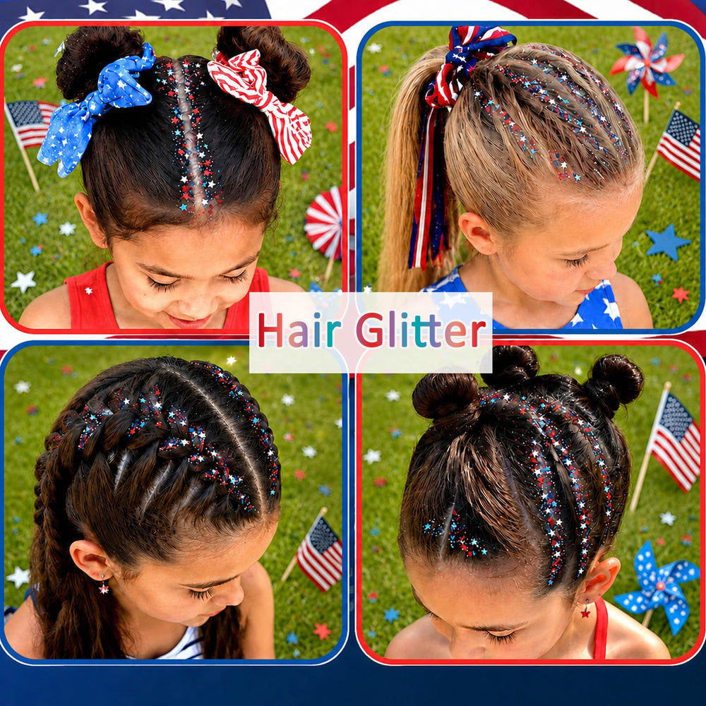 firstfly glitter applied to hair strand highlighting vibrant red white blue