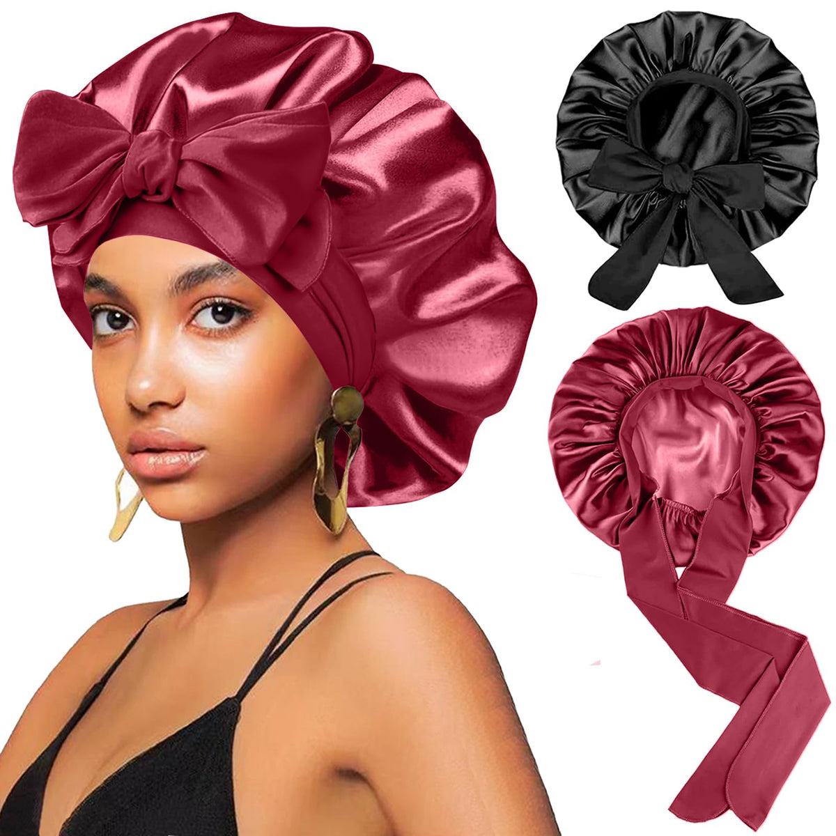 FIRSTPELLA front view of black and wine red bonnets showing full coverage benefit