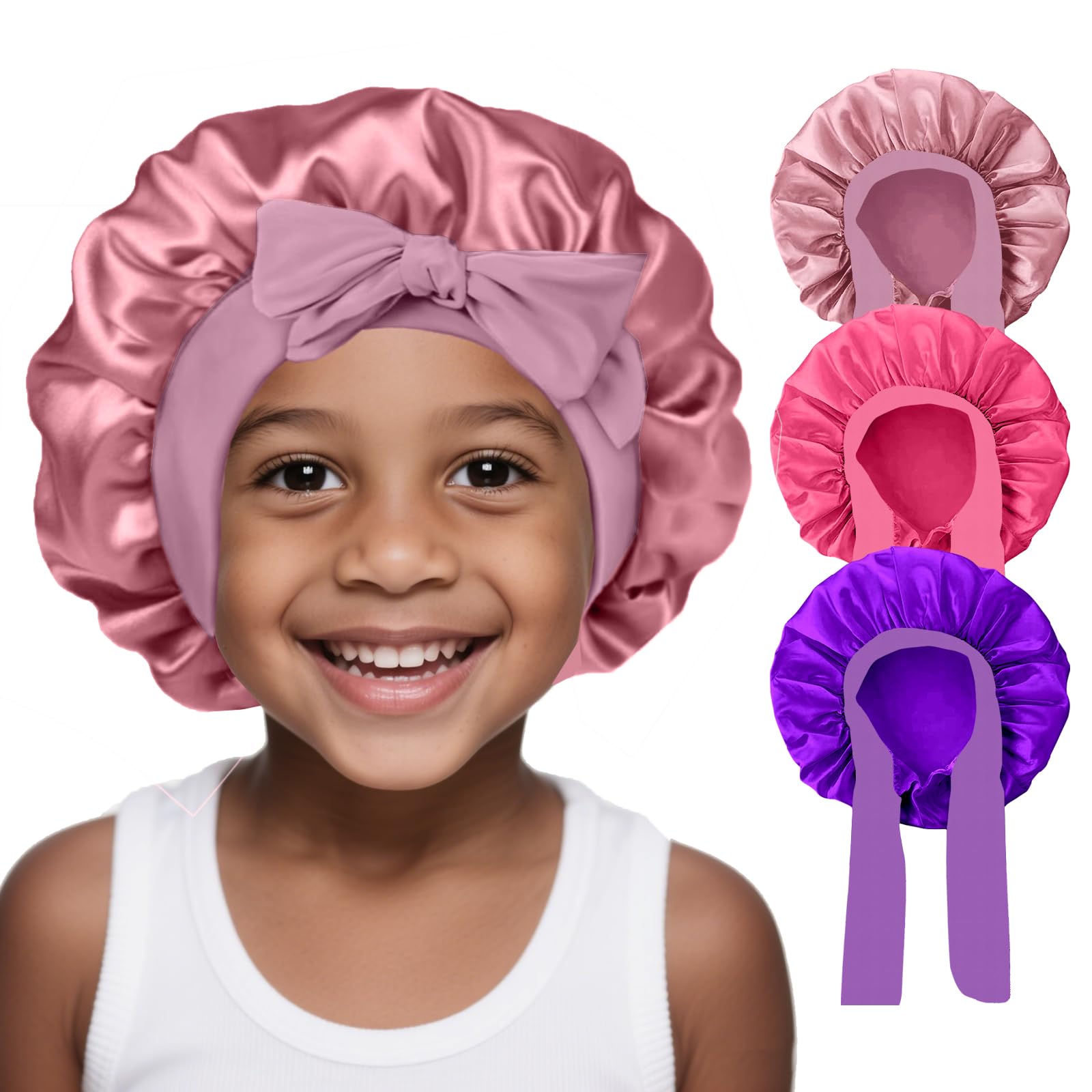 FIRSTPELLA front view of three bonnets showing colors and neat fit benefit