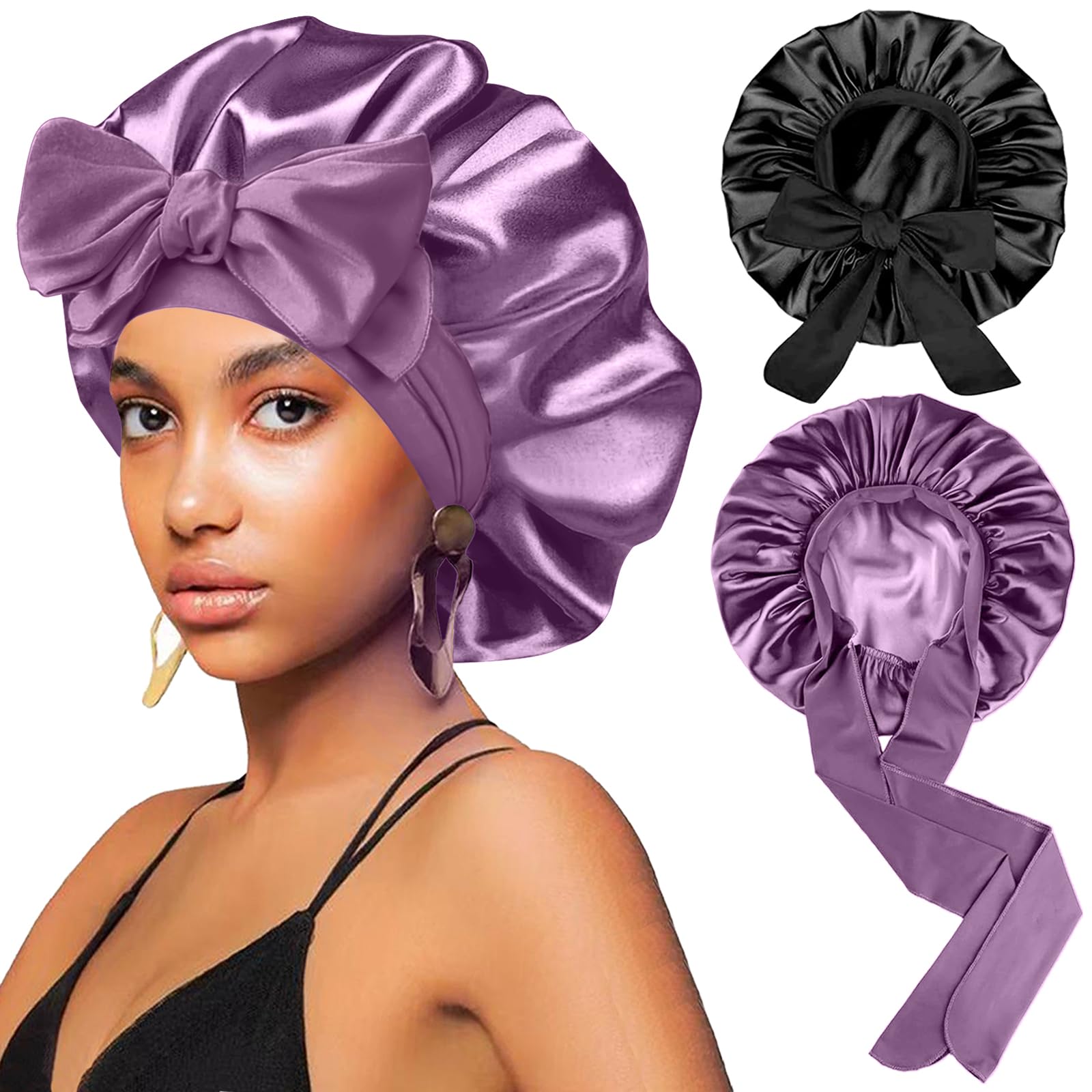 FIRSTPELLA front view of black and purple bonnets protecting hairstyles
