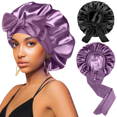 FIRSTPELLA front view of black and purple bonnets protecting hairstyles