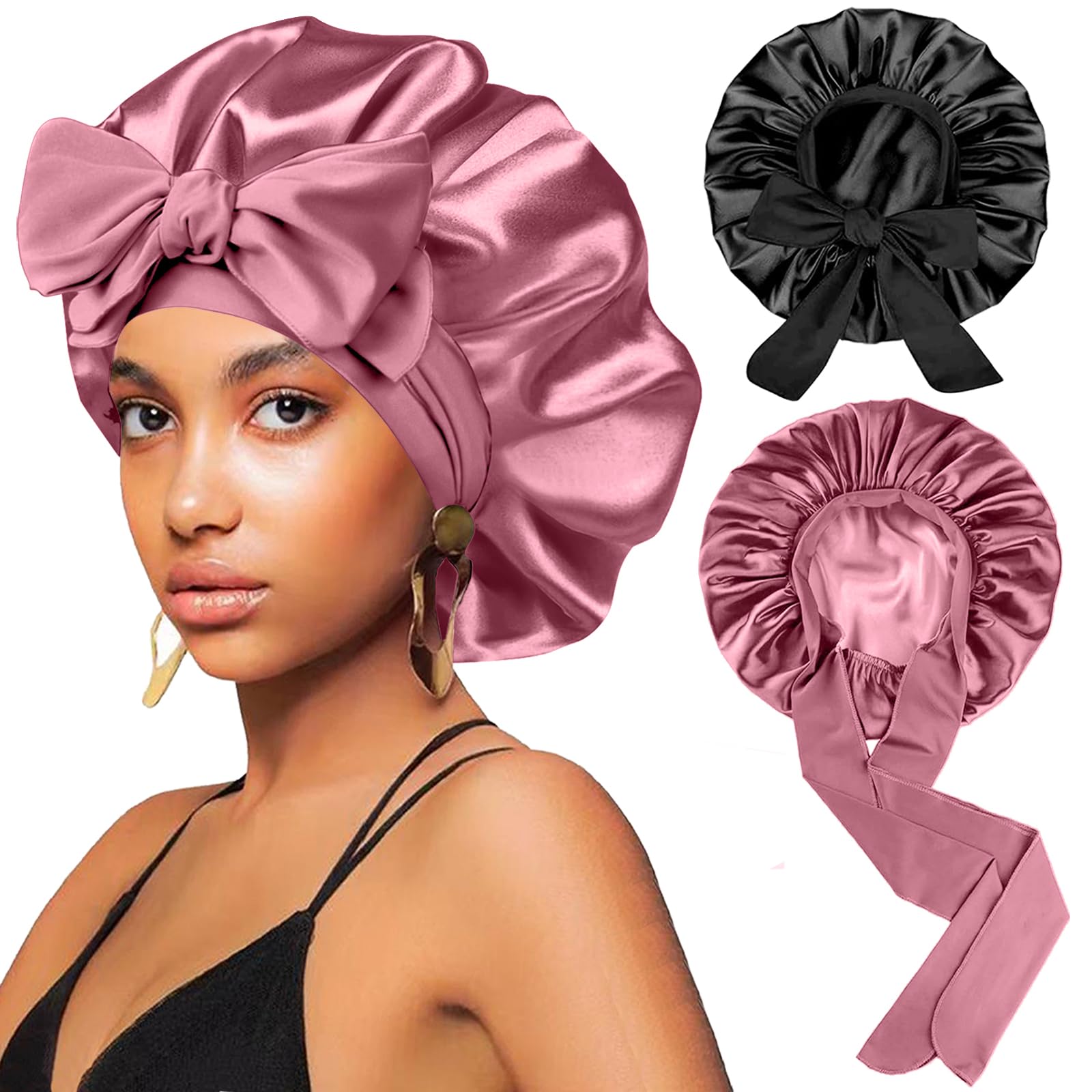 FIRSTPELLA front view of black and rose gold bonnets showing colors and coverage benefit