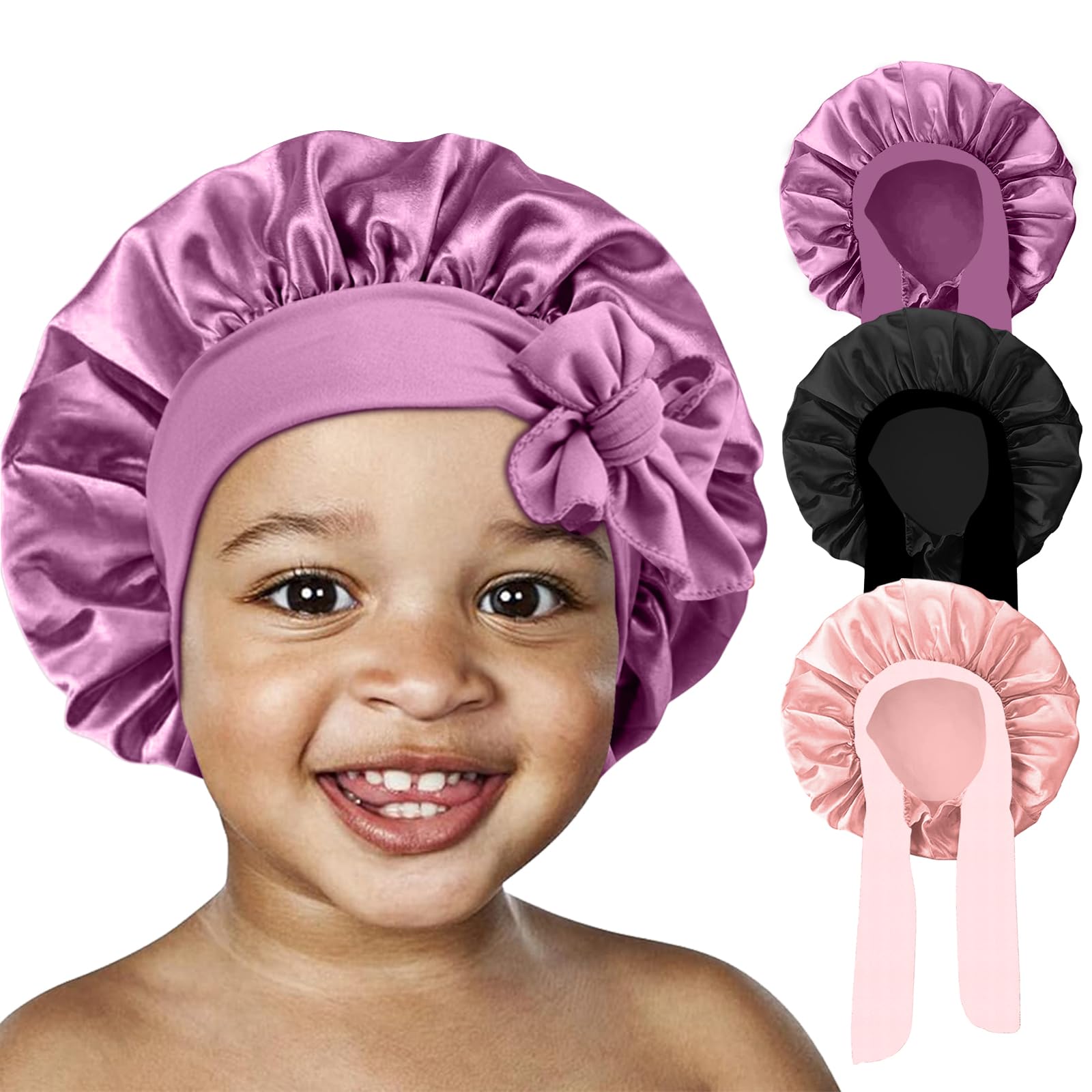 FIRSTPELLA front view of kids satin bonnet showing smooth finish and roomy fit