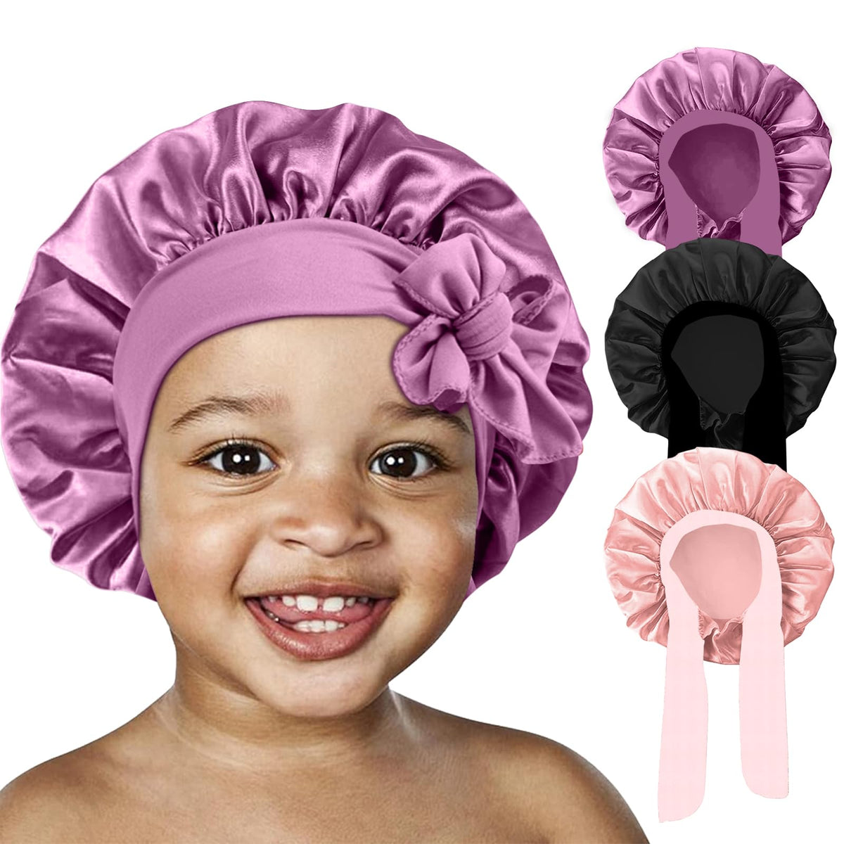 FIRSTPELLA front view of kids satin bonnet showing smooth finish and roomy fit