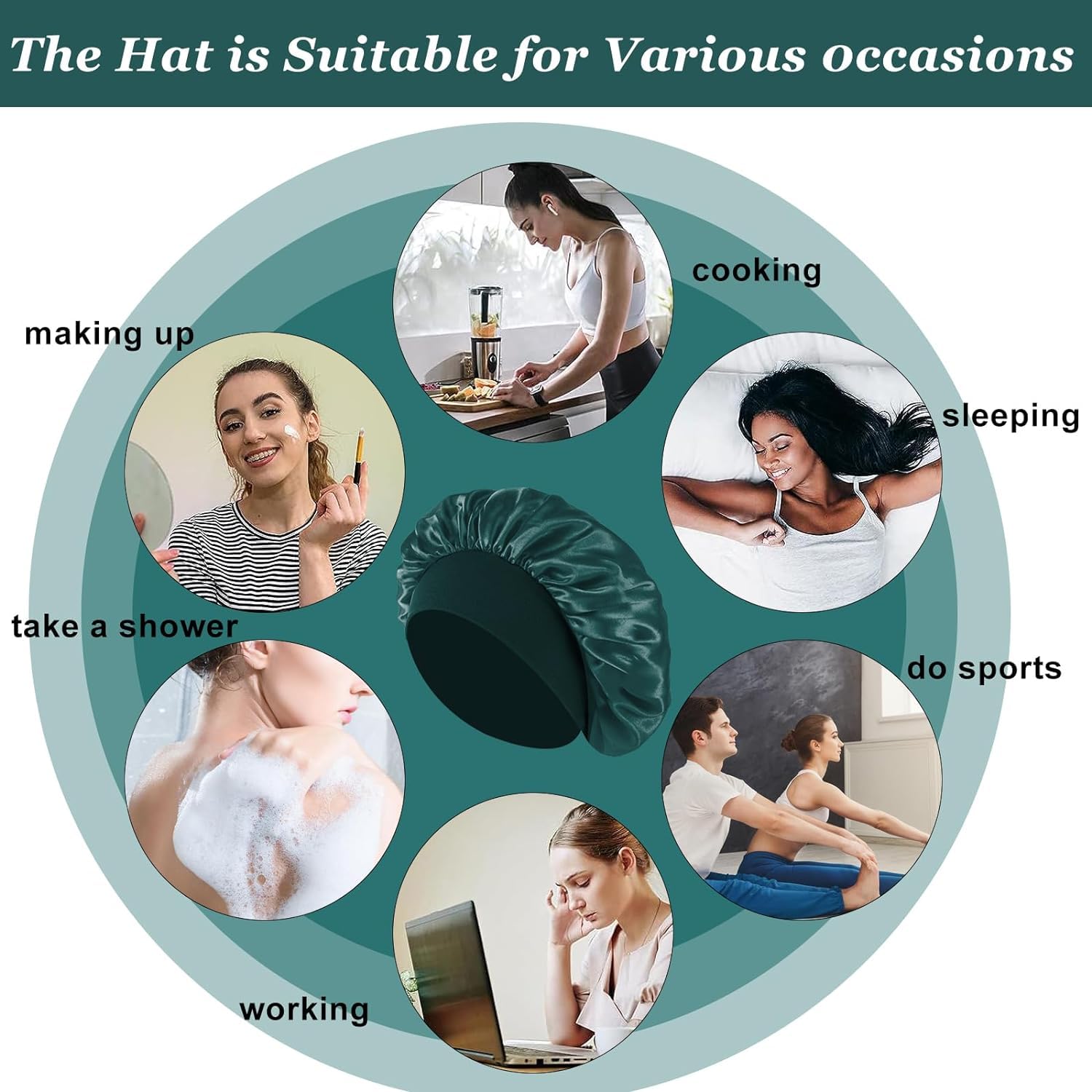 FIRSTPELLA khaki bonnet worn in shower to demonstrate hair protection