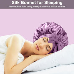 FIRSTPELLA model wearing night cap to reduce frizz while sleeping