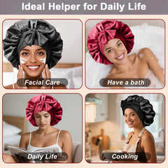 FIRSTPELLA model with curly hair wearing bonnet to protect curl definition