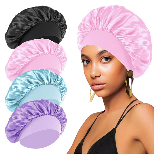 FIRSTPELLA satin bonnets set front view showing four colors and practical benefit