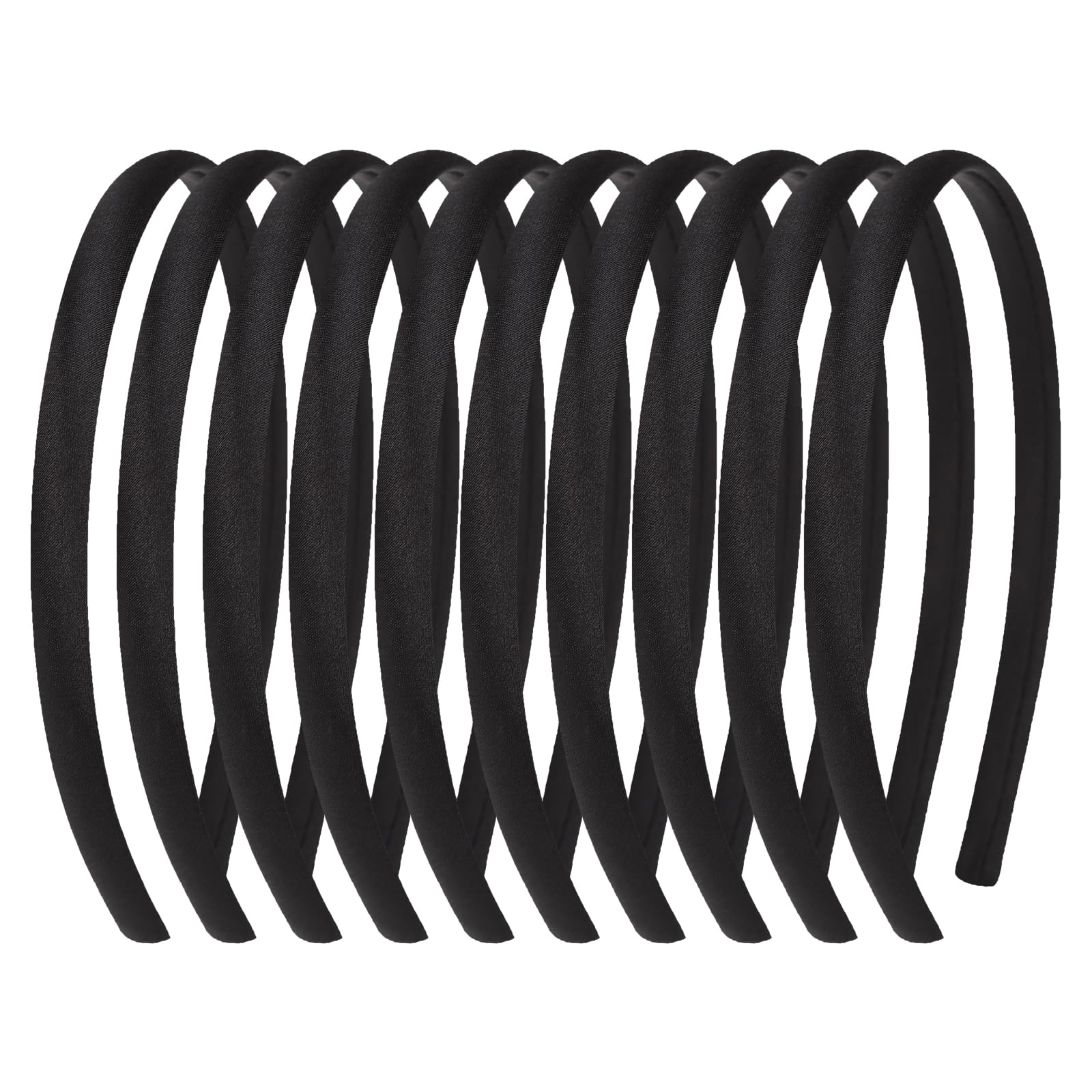 Fishdown front view of ten black headbands showing neat set and storage benefit