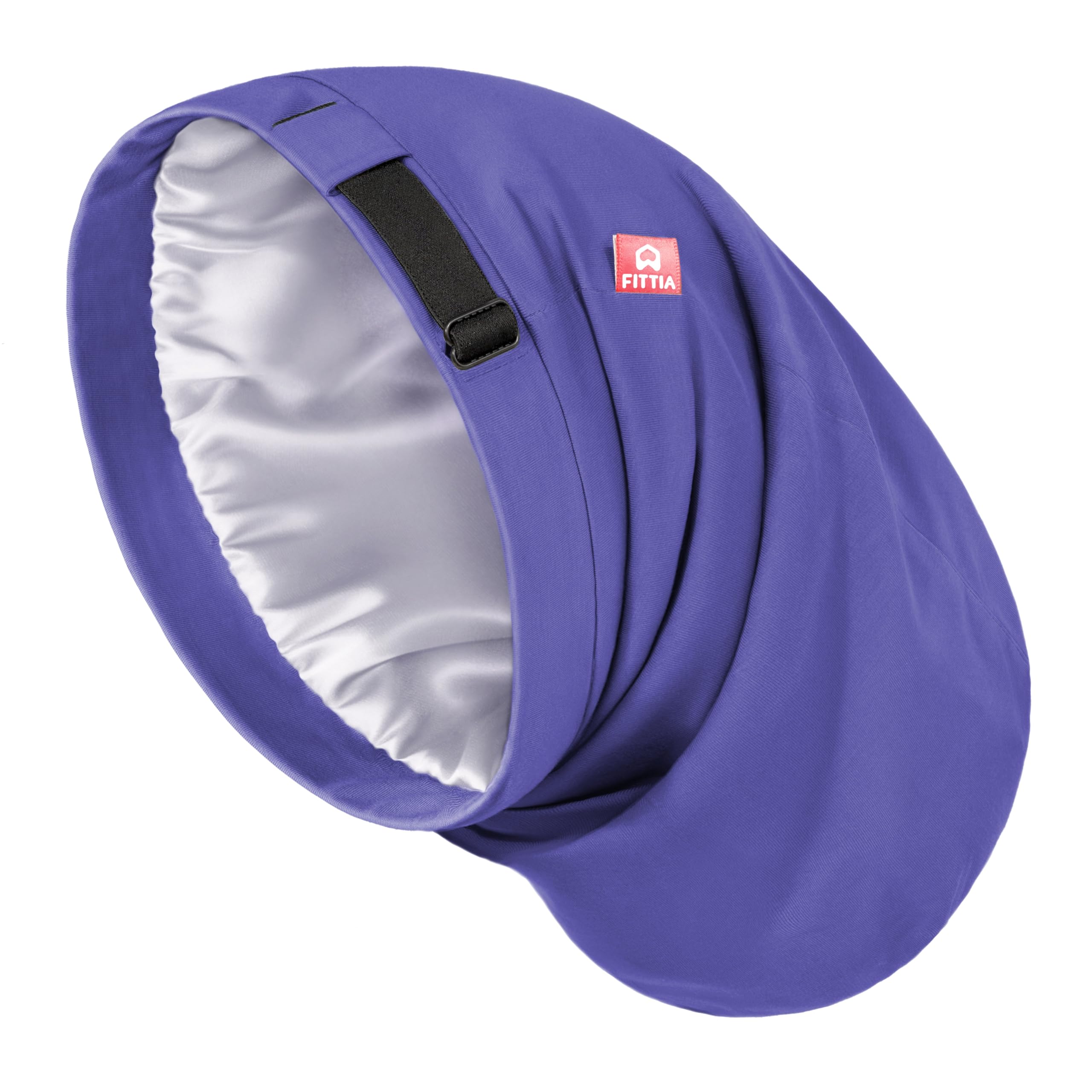 Fittia bonnet front view showing roomy dark blue crown and secure fit benefit