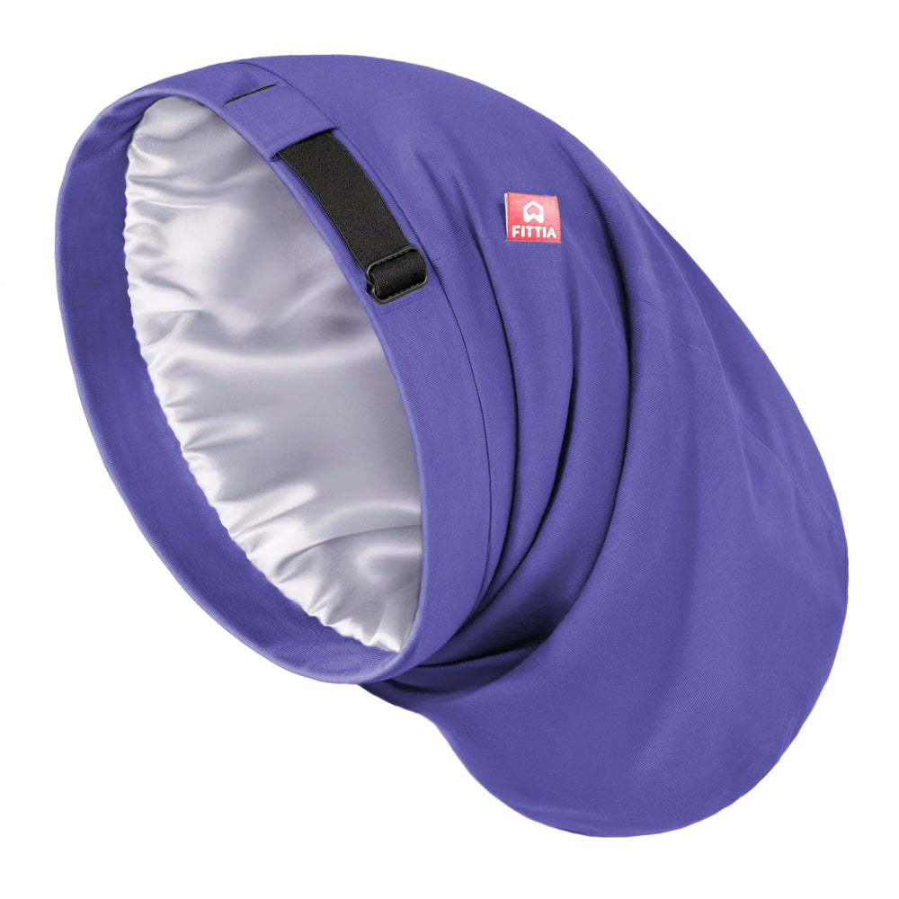 Fittia bonnet front view showing roomy dark blue crown and secure fit benefit