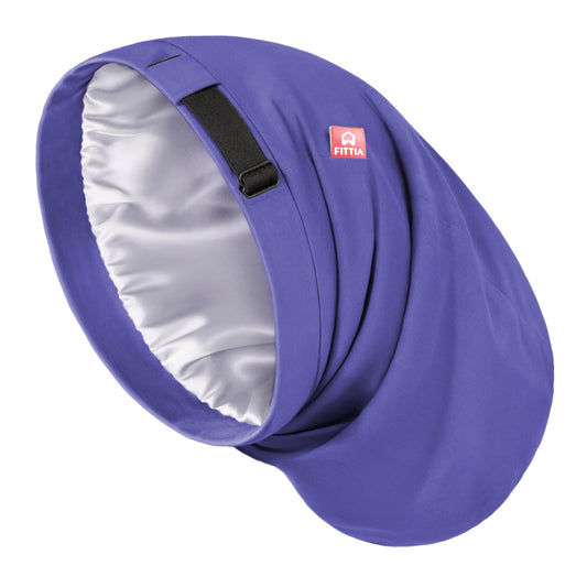 Fittia bonnet front view showing roomy dark blue crown and secure fit benefit