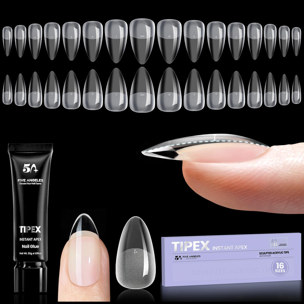 Five Angeles front packaging showing 128-piece Tipex kit and 15g glue for quick setup