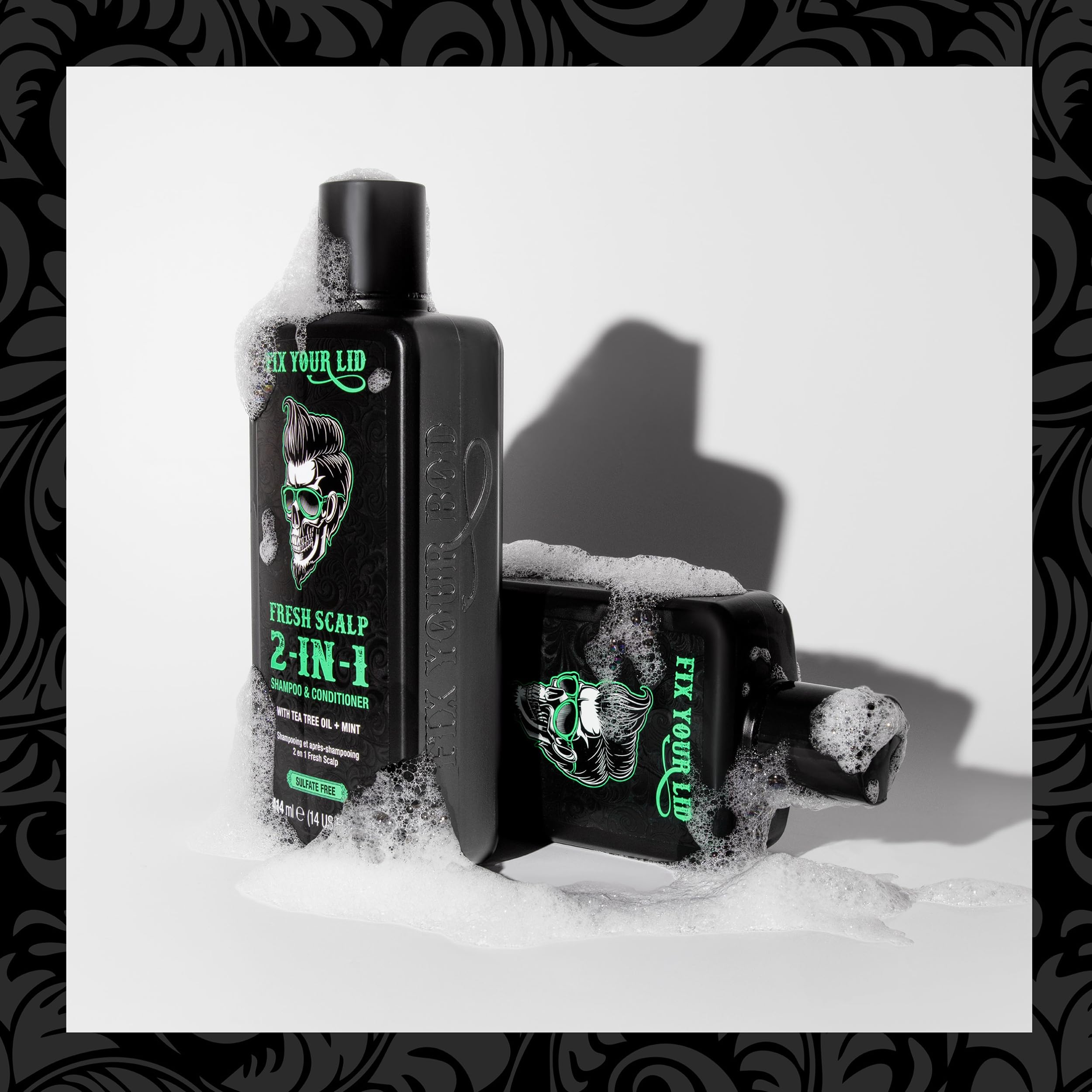 Fix Your Lid label close-up with tea tree and mint, emphasizing natural-refreshing ingredients
