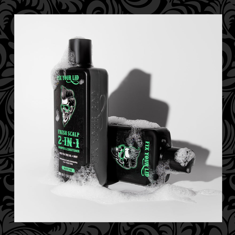 Fix Your Lid label close-up with tea tree and mint, emphasizing natural-refreshing ingredients