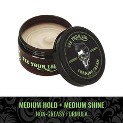 Fix Your Lid styled side profile on model showing medium hold and natural shine