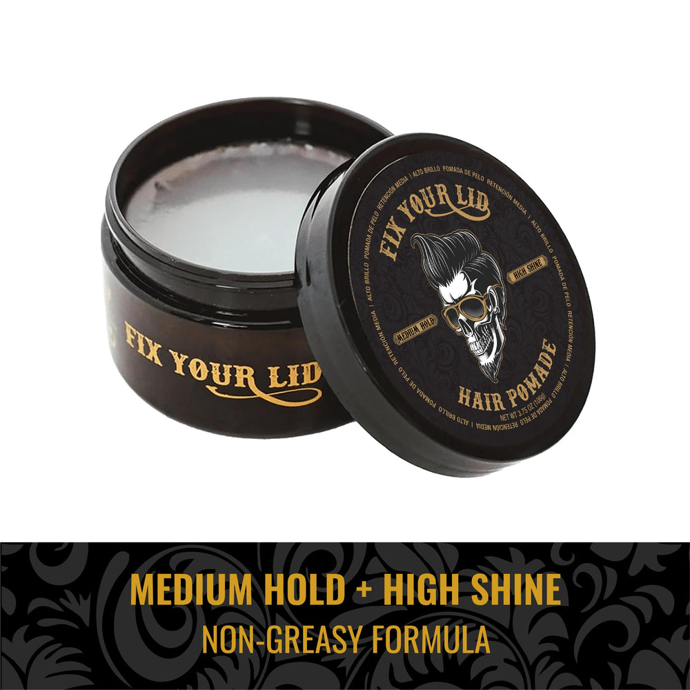 Fix Your Lid used to create a sleek slick-back hairstyle with shine benefit