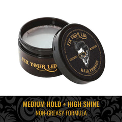 Fix Your Lid used to create a sleek slick-back hairstyle with shine benefit