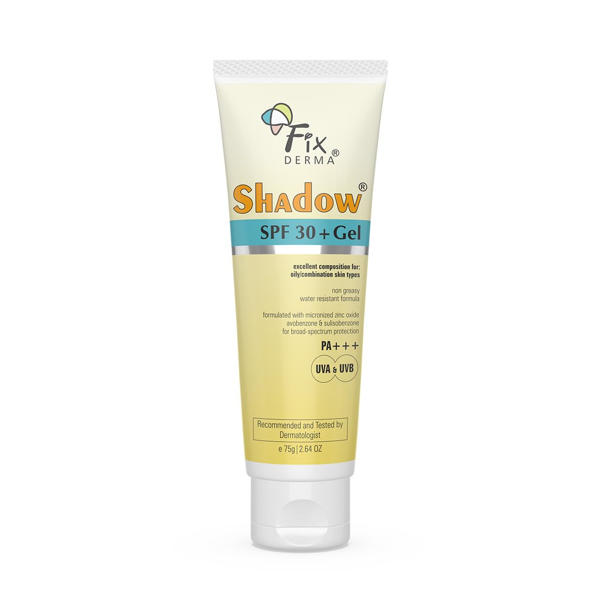 Fixderma Shadow front packaging showing SPF and gel benefit