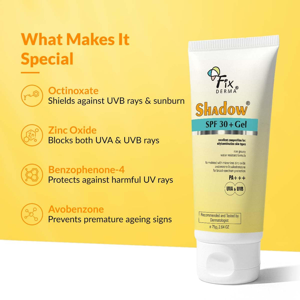 Fixderma Shadow ingredient label with zinc and titanium dioxide listed