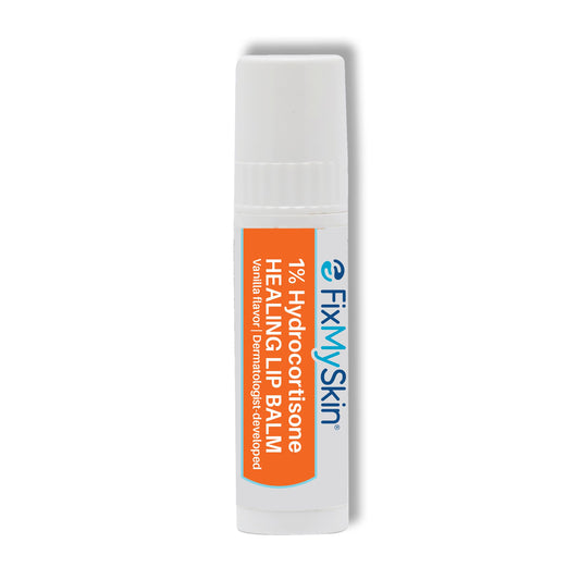 FixMySkin front tube showing vanilla healing lip balm and clear branding for relief