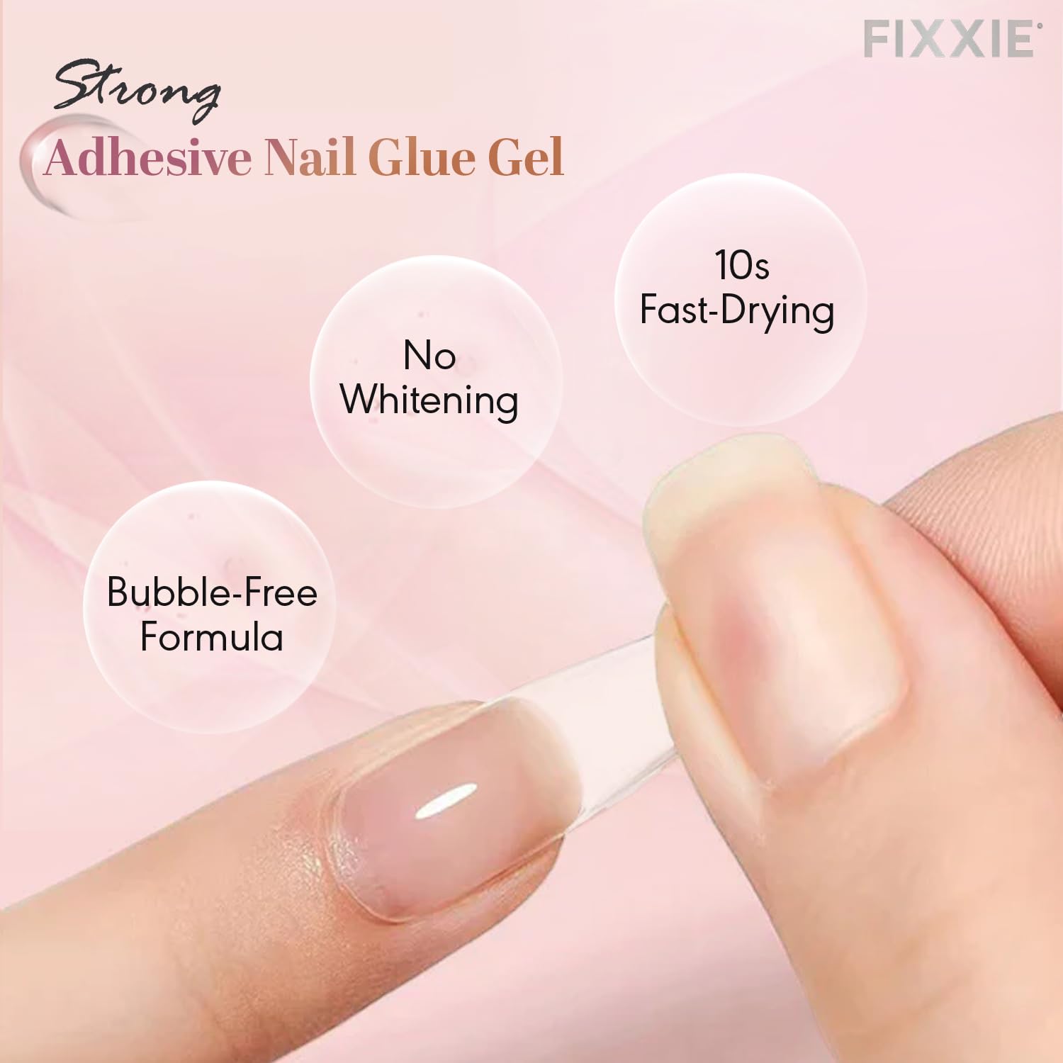 FIXXIE applying gel to press-on nails demonstrating fast, no-UV setting