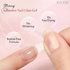 FIXXIE applying gel to press-on nails demonstrating fast, no-UV setting