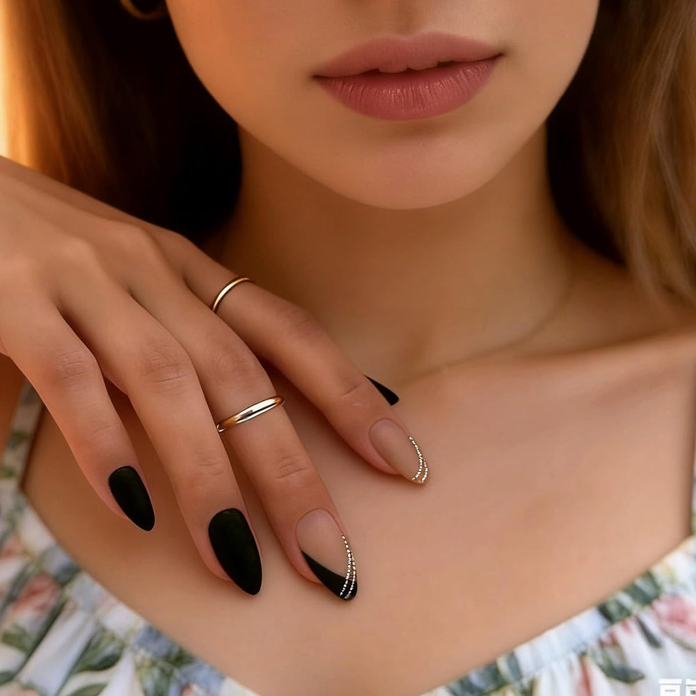 FJSMTOPl close-up of almond nail texture highlighting smooth matte finish and neat edges