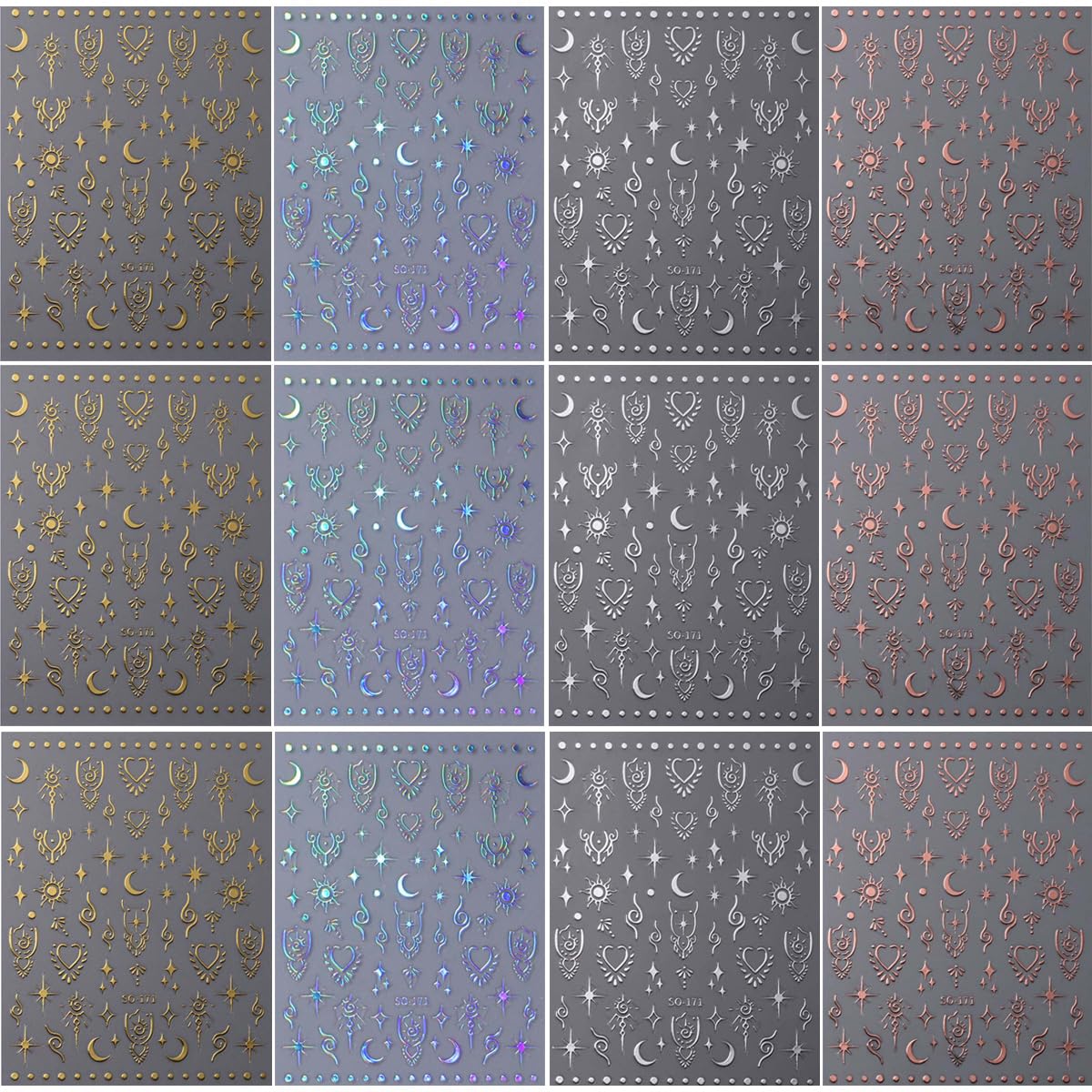 FJSMTOPl close-up of holographic sun star moon decals highlighting shimmer