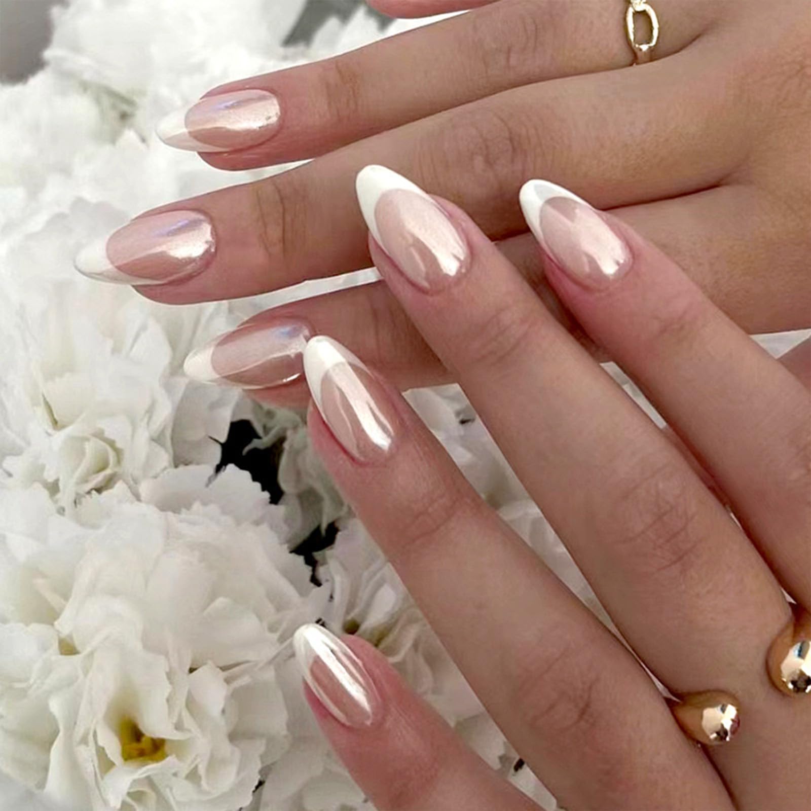 FJSMTOPl front packaging showing 24 almond French-tip nails and kit benefits