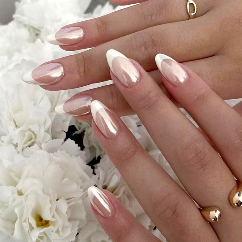 FJSMTOPl front packaging showing 24 almond French-tip nails and kit benefits