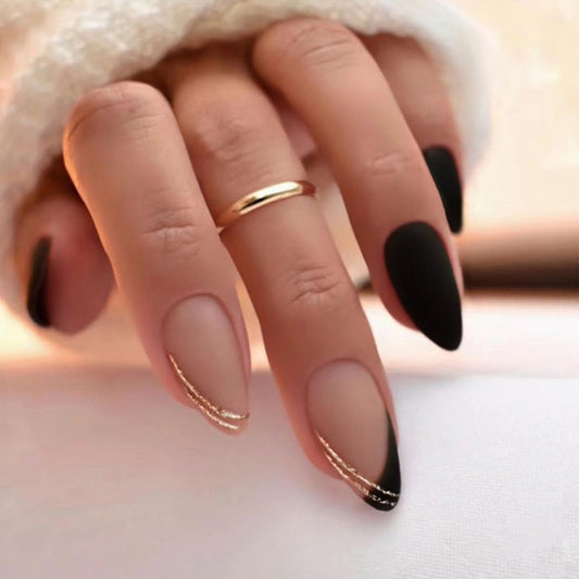 FJSMTOPl front packaging showing 24 matte black press-on nails and tools for instant manicure