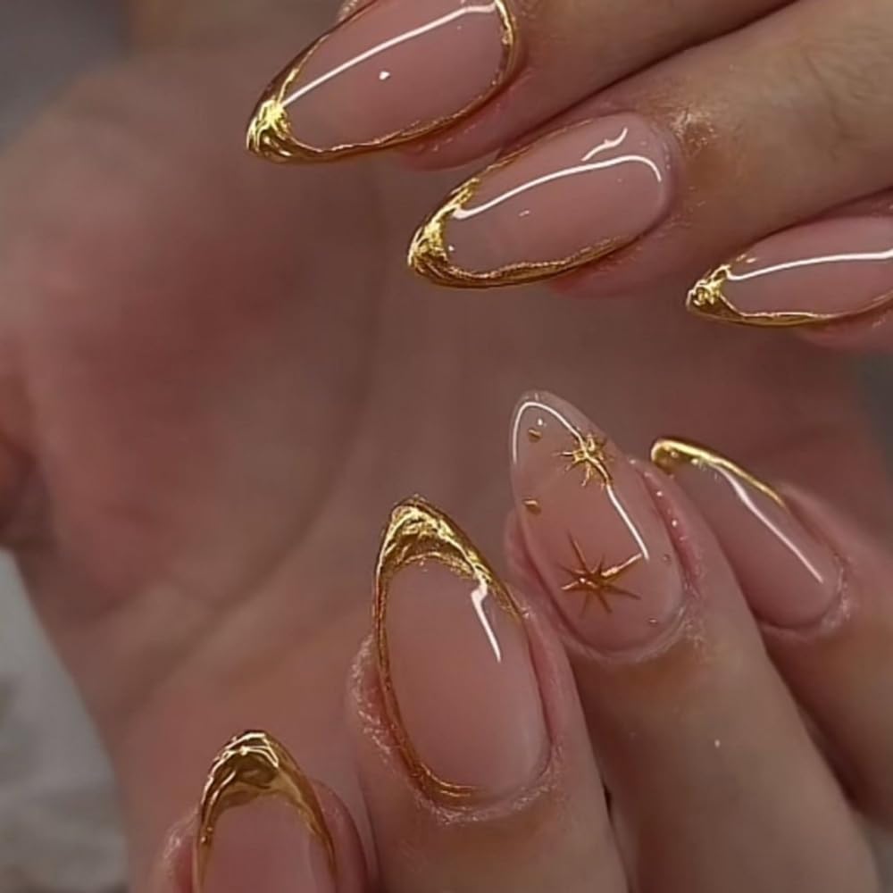 FJSMTOPl front packaging showing 24-piece gold French almond press-on nails and benefits