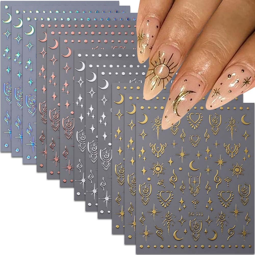 FJSMTOPl front packaging showing 12 metallic nail sticker sheets and variety