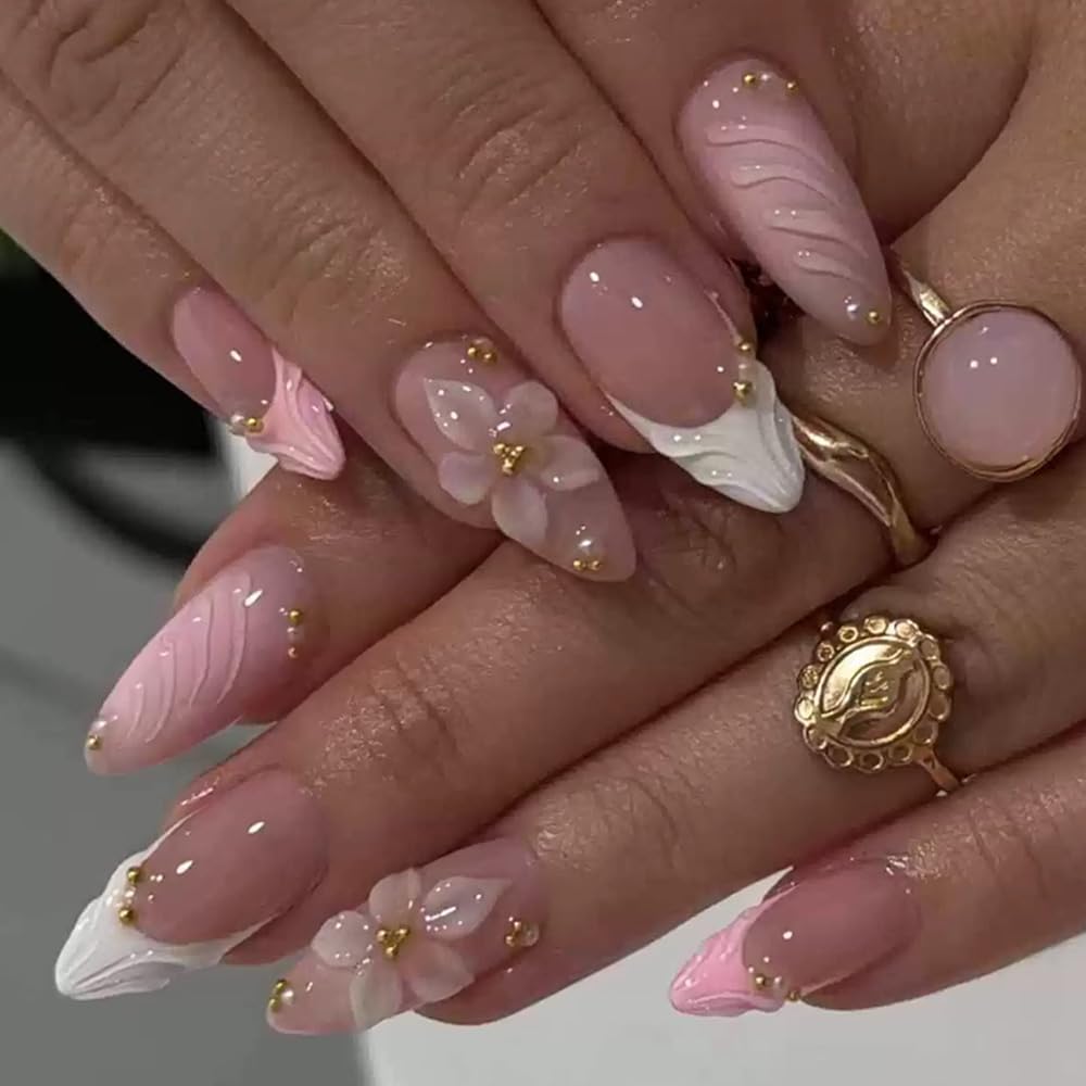 FJSMTOPl front packaging showing pink almond press-on nails and included tools for quick looks