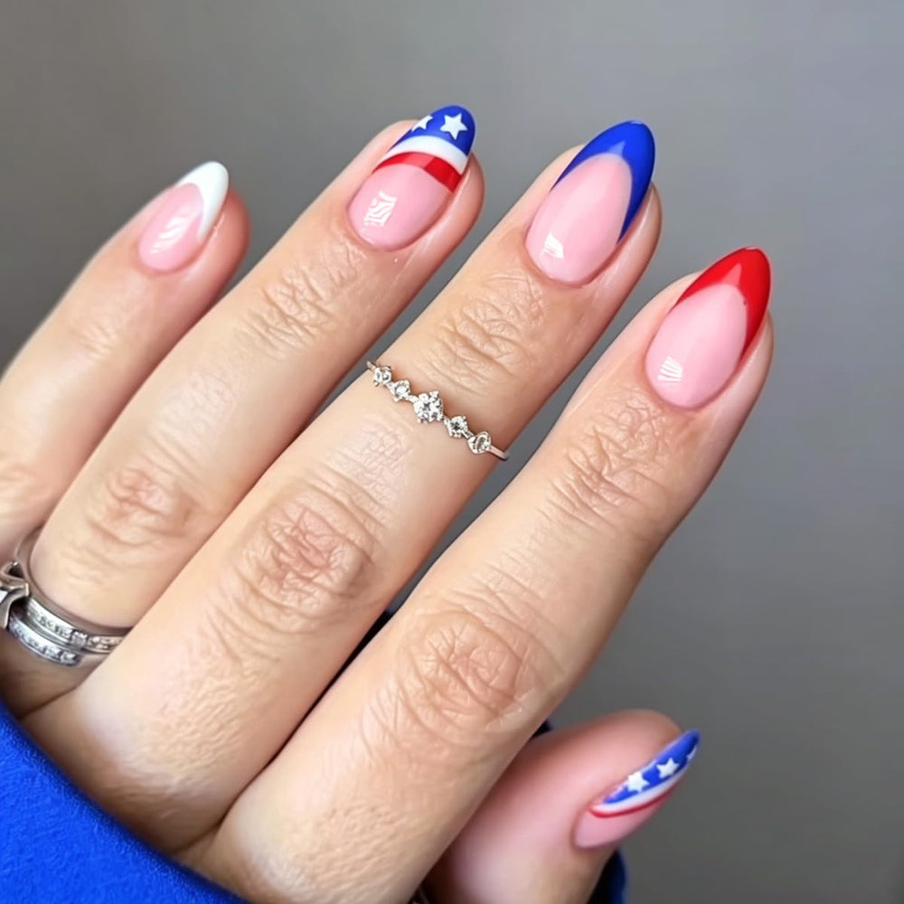 FJSMTOPl front set showing American flag nails and French tips for bold holiday style