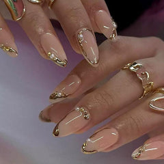 FJSMTOPl front packaging showing 24-piece pearl glossy gold French-tip set for quick manicures