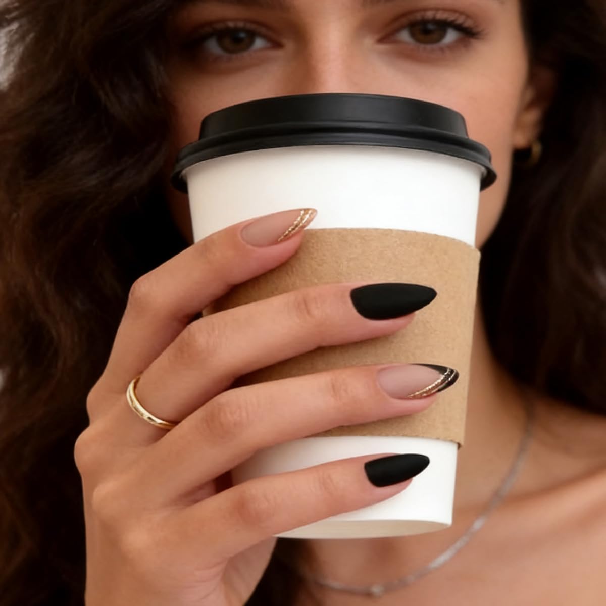 FJSMTOPl hand model wearing French-tip press-on nails demonstrating instant polished look