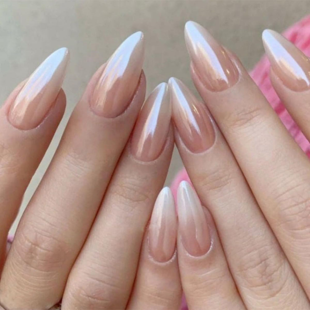 FJSMTOPl front packaging showing 24-piece chrome ombré nail set and benefits