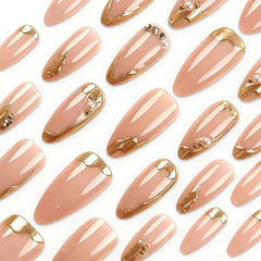 FJSMTOPl nails displayed on a fingertip to show medium almond length and real-world scale