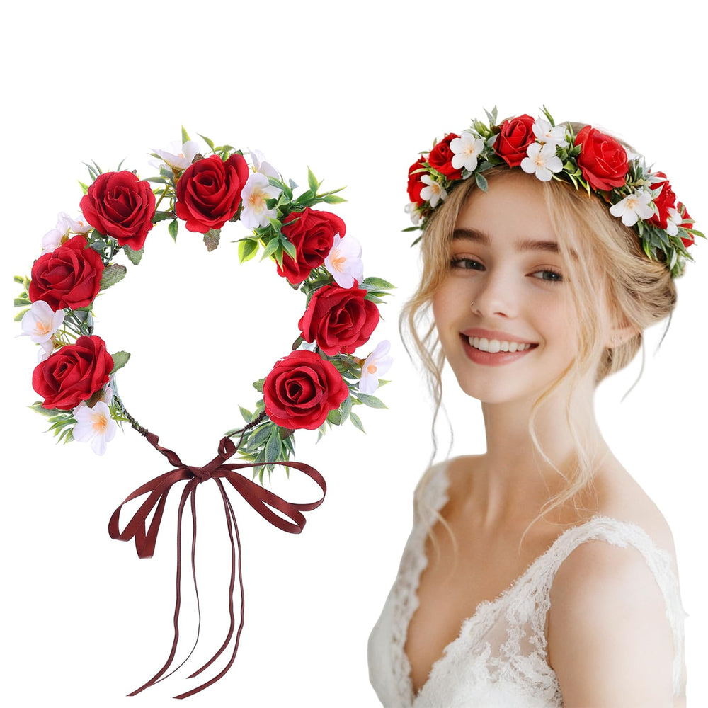 Flagogoo front view of red flower crown headband, shows romantic wearable styling