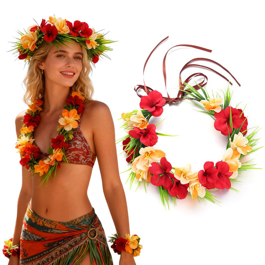 Flagogoo front view of red orange flower crown showing vibrant blooms and ribbon for festive style