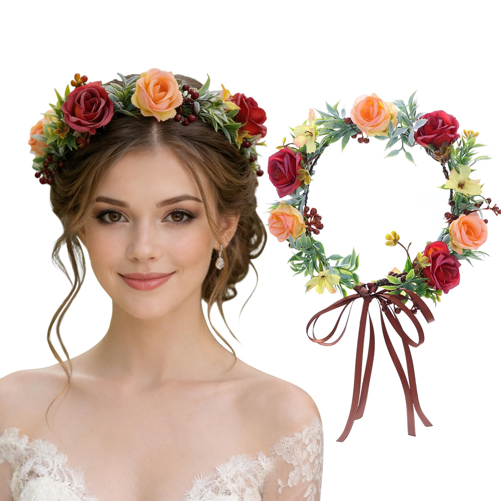 Flagogoo front view flower crown showing full floral arrangement and wearable elegance