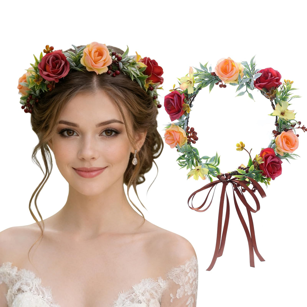 Flagogoo front view flower crown showing full floral arrangement and wearable elegance